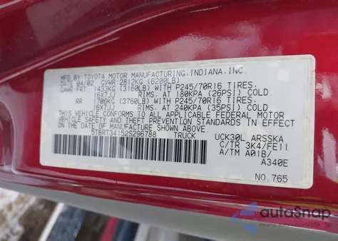 2002 Toyota Tundra Sr5 V8 z USA, uszkodzony, nr VIN 5TBRT34152S296788